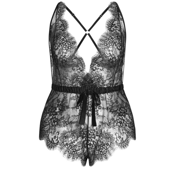 Fox & Royal Emily Lace Teddy Black Elastic Waistband Plunging V Neck Size 18 - Picture 1 of 15